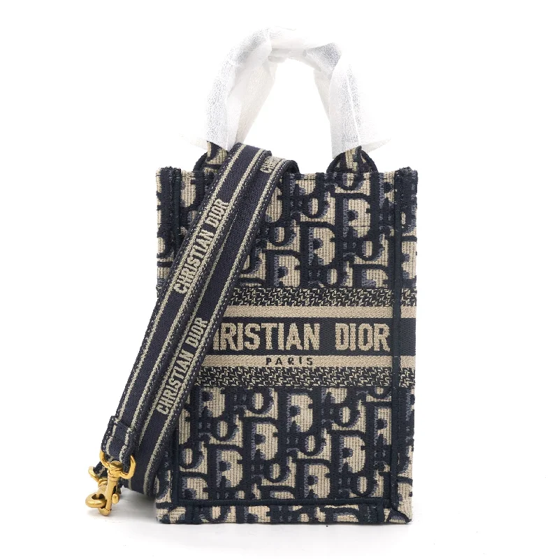 CHRISTIAN DIOR Mini Dior Book Tote Phone Bag In Blue Dior Oblique Embroidery