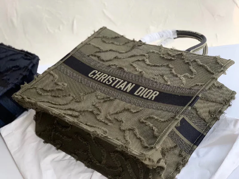 Christian Dior Book Tote Bag In Green Camouflage Embroidered Canvas