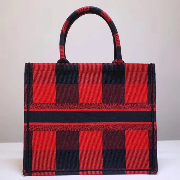 Christian Dior Book Tote Bag In Red/Black Check Embroidered Canvas