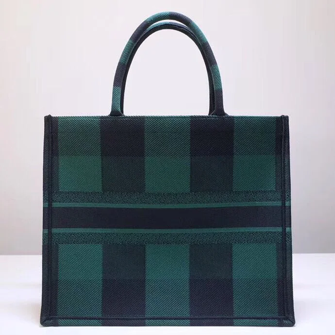 Christian Dior Book Tote Bag In Green/Black Check Embroidered Canvas