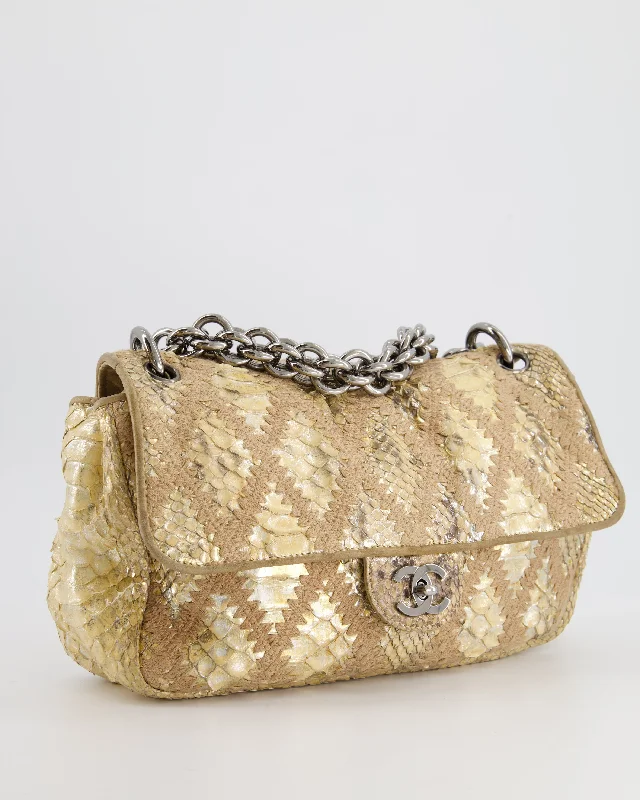 Chanel Beige and Gold Python and Crochet Flap Shoulder Bag with Ruthenium Hardware and Large Chain Strap