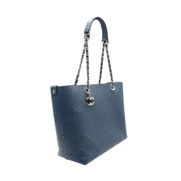 CHANEL Blue Perforated Large Shopping Tote-Grained Calfskin Caviar Leather