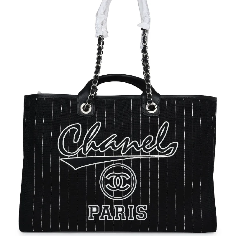 Chanel Large Deauville Shopping Tote Black and White Striped Canvas Silver Hardware