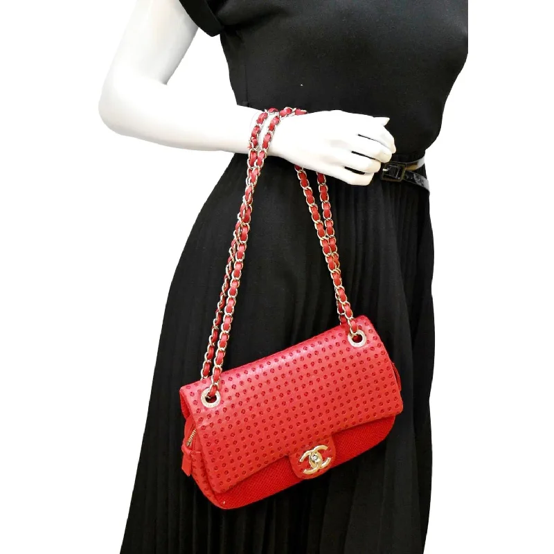 CHANEL Flap Perforated Leather Shoulder Bag Red