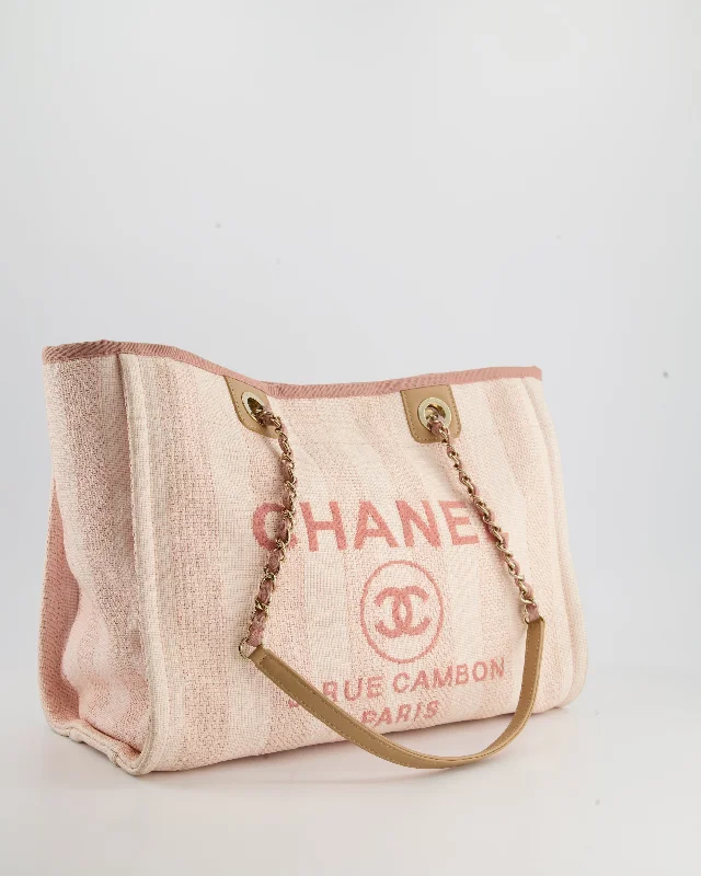 Chanel Small Pink Stripe Canvas Deauville Tote Bag with Logo Print and Champagne Gold Hardware