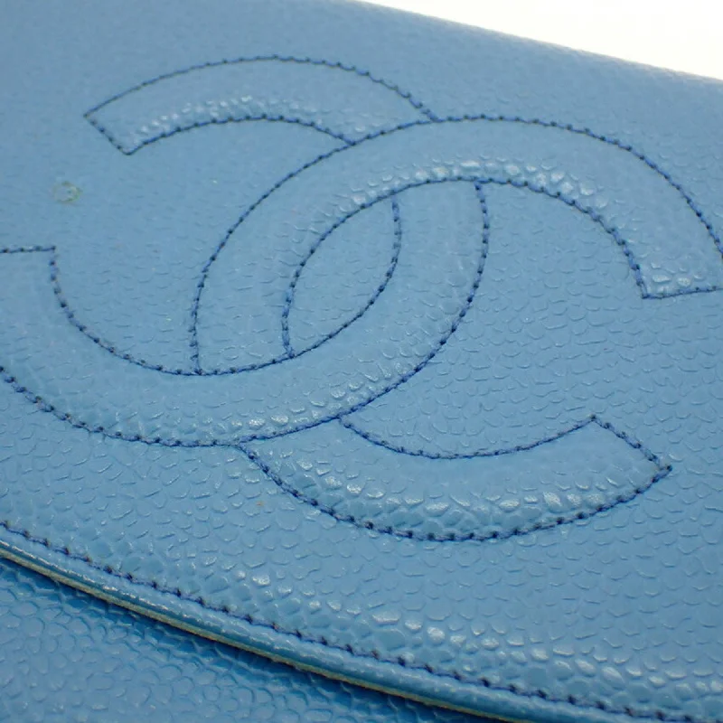 CHANEL here mark caviar skin tri-fold wallet blue with seal No. 5