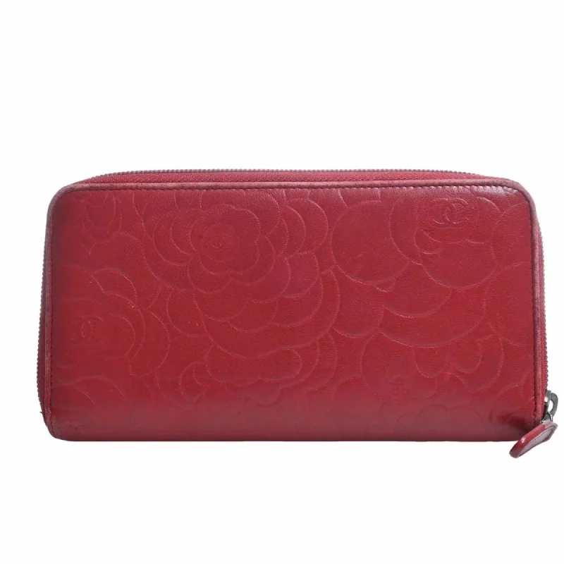 CHANEL Lambskin Camellia Cocomark Round Long Wallet Red Ladies