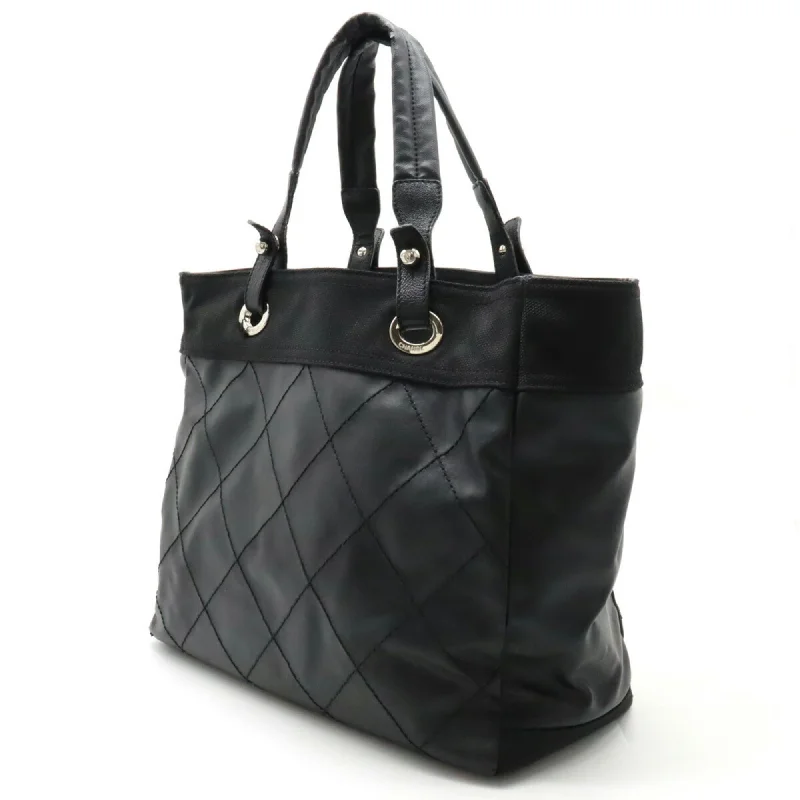 CHANEL Paris Biarritz Tote MM Bag Handbag Coated Canvas Black A34209