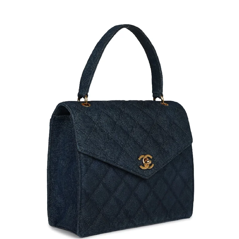 Vintage Chanel Envelope Flap Top Handle Handbag Dark Blue Denim Gold Hardware