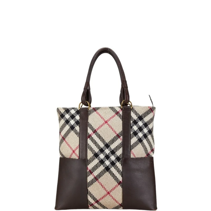 Burberry Nova Check Handbag Tote Bag Beige Brown Wool Leather Women's BURBERRY